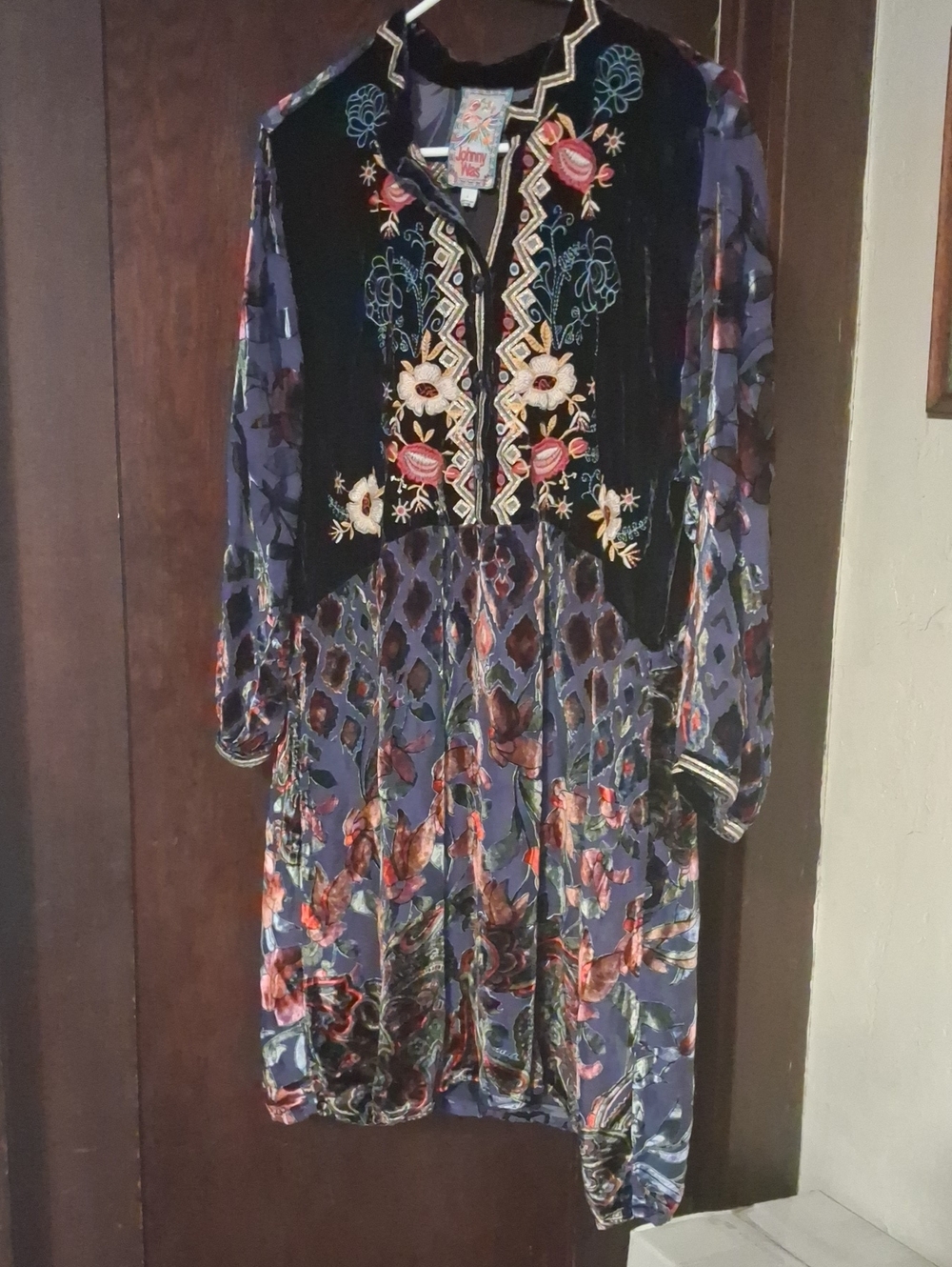 Johnny Was Blue Floral Embroidered Velvet Tunic Dress
